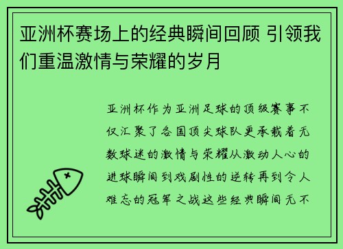 亚洲杯赛场上的经典瞬间回顾 引领我们重温激情与荣耀的岁月