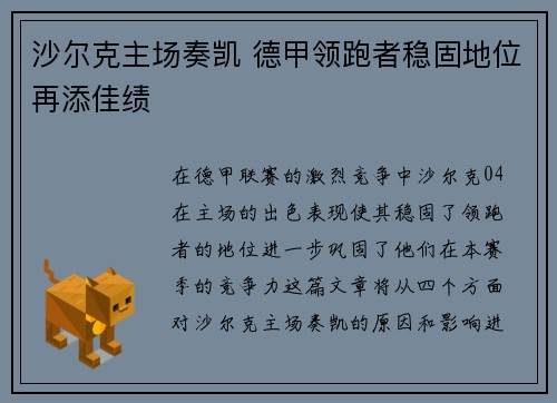 沙尔克主场奏凯 德甲领跑者稳固地位再添佳绩
