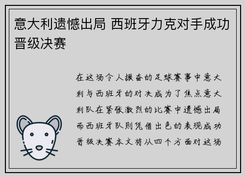意大利遗憾出局 西班牙力克对手成功晋级决赛