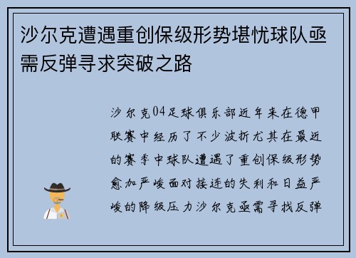 沙尔克遭遇重创保级形势堪忧球队亟需反弹寻求突破之路