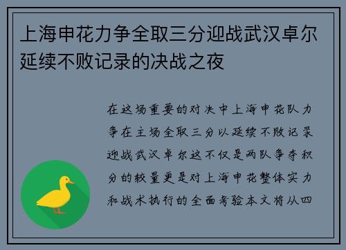 上海申花力争全取三分迎战武汉卓尔延续不败记录的决战之夜