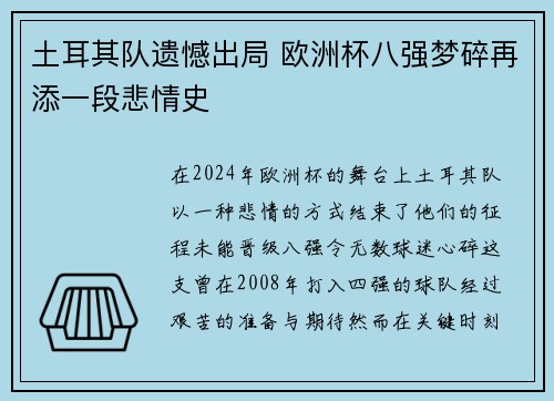 土耳其队遗憾出局 欧洲杯八强梦碎再添一段悲情史