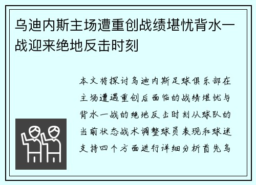 乌迪内斯主场遭重创战绩堪忧背水一战迎来绝地反击时刻