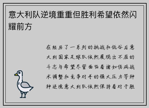 意大利队逆境重重但胜利希望依然闪耀前方