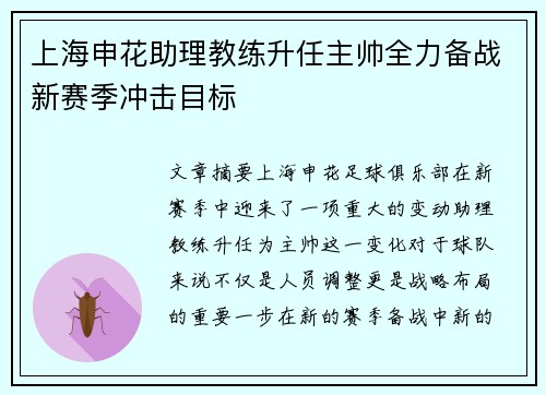 上海申花助理教练升任主帅全力备战新赛季冲击目标