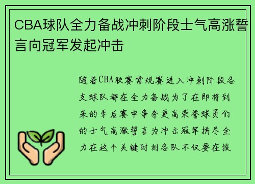 CBA球队全力备战冲刺阶段士气高涨誓言向冠军发起冲击