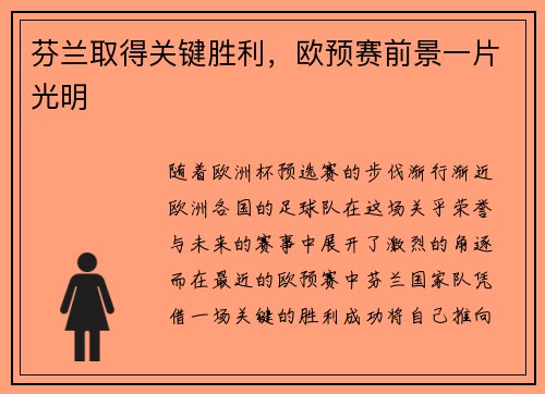 芬兰取得关键胜利，欧预赛前景一片光明