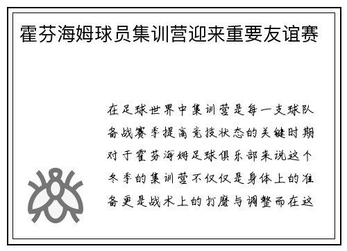 霍芬海姆球员集训营迎来重要友谊赛