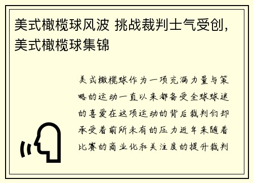 美式橄榄球风波 挑战裁判士气受创，美式橄榄球集锦